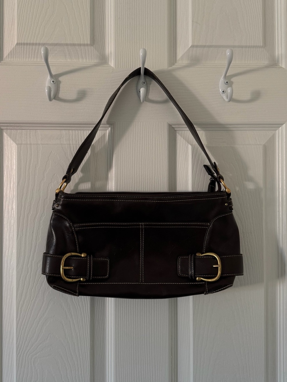 Classic Dark Brown Leather Shoulder Bag with Brass Buckles